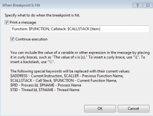 Debugging dialog i Visual Studio ved breakpoints